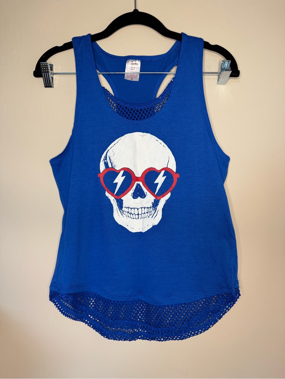 No Boundaries Blue Tank Top with Skull and Red Heart Sunglasses